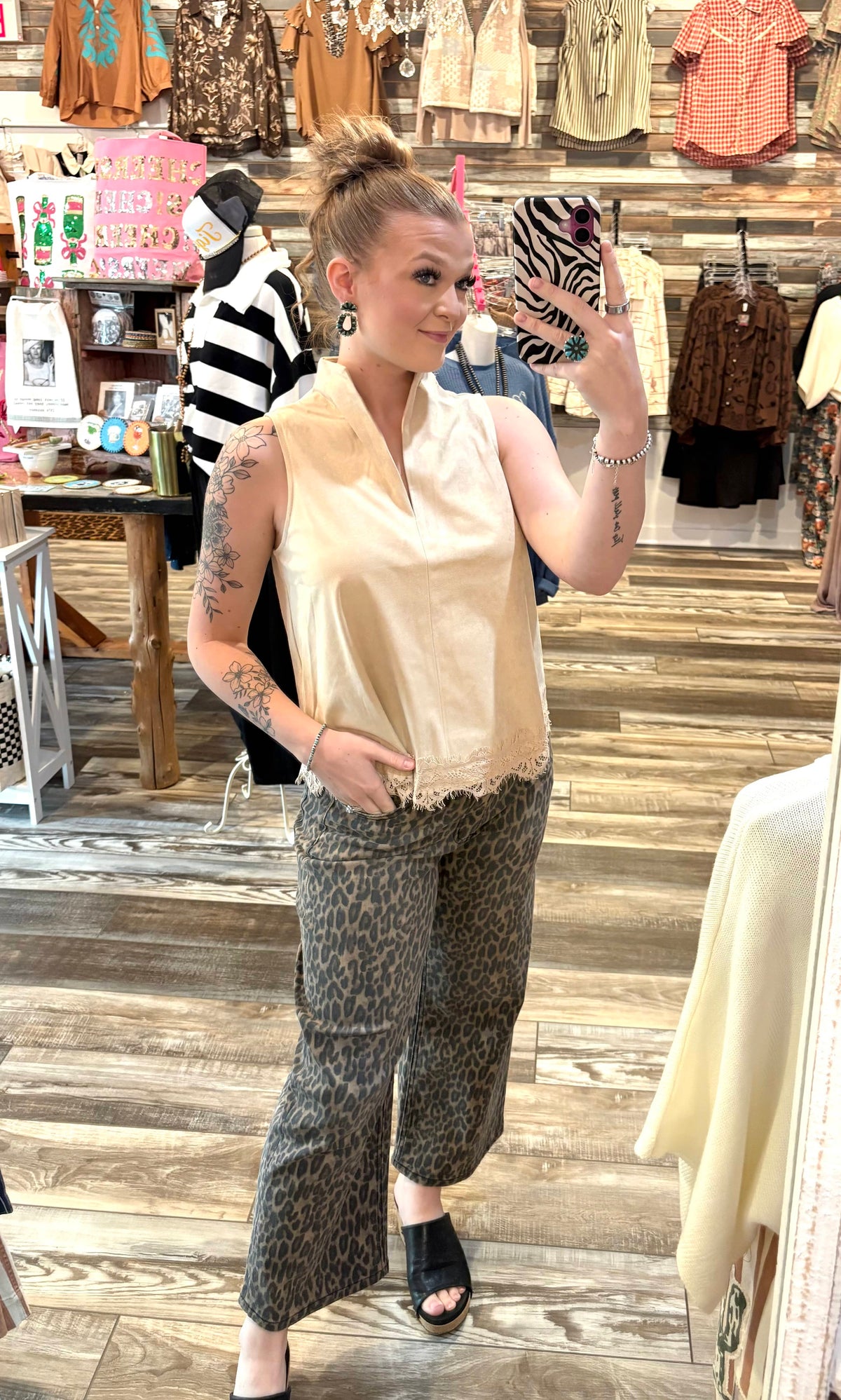Wild Horse Boutique Leopard Wide Leg Jeans with Waist Tie