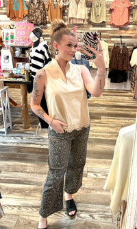 Wild Horse Boutique Leopard Wide Leg Jeans with Waist Tie