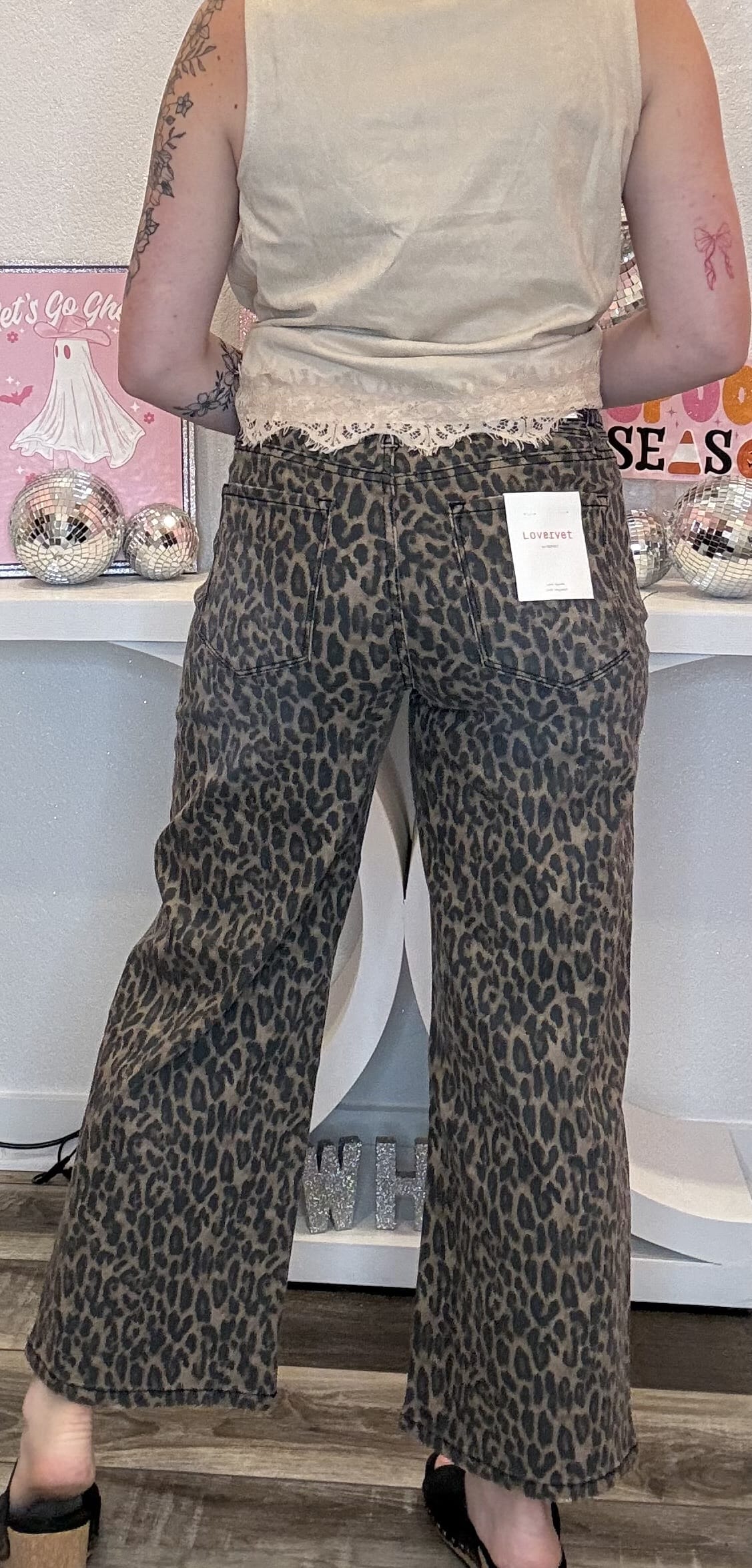 Wild Horse Boutique Leopard Wide Leg Jeans with Waist Tie