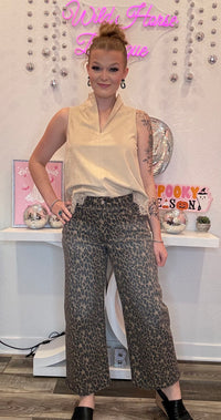 Wild Horse Boutique Leopard Wide Leg Jeans with Waist Tie