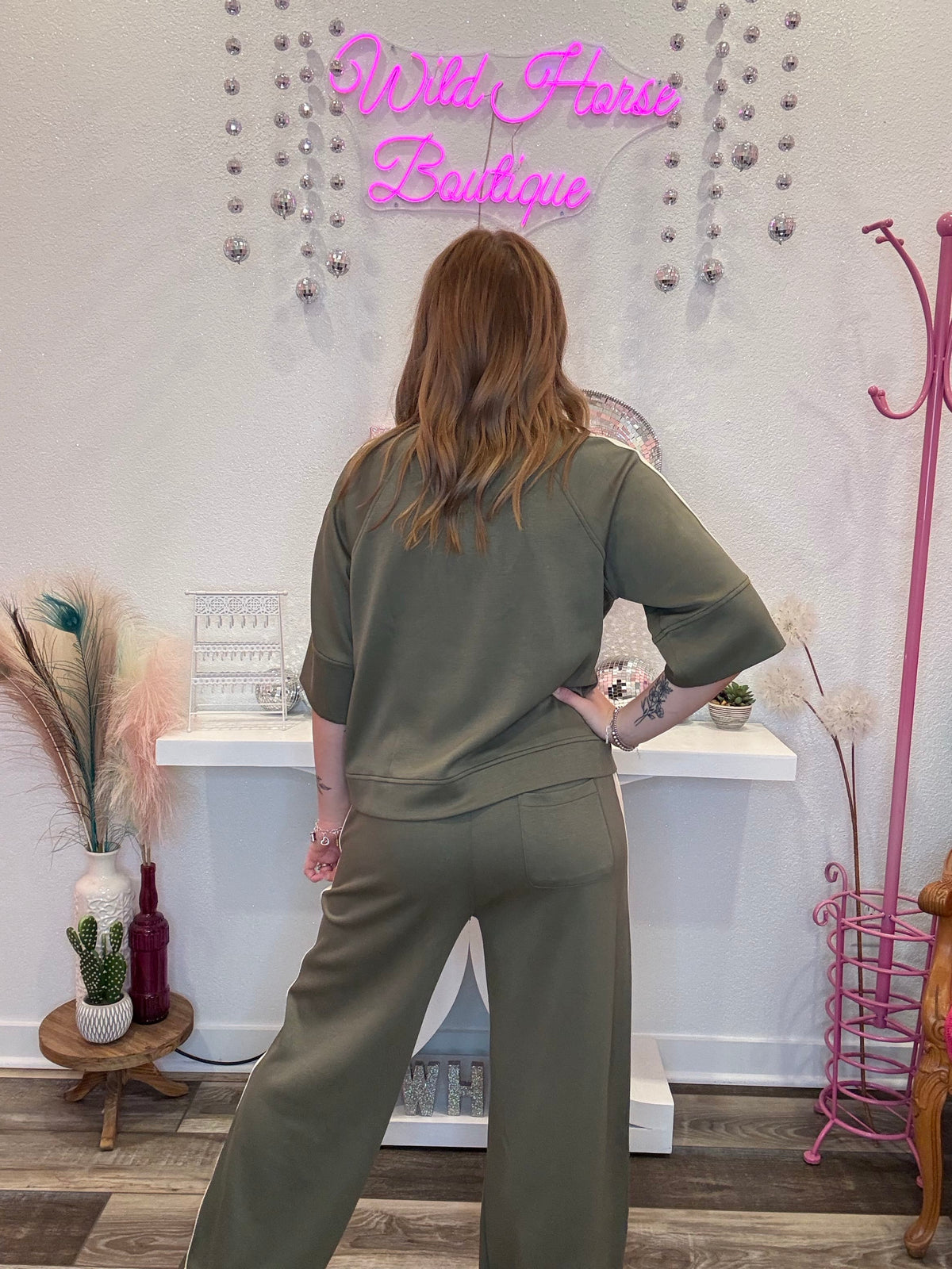 Wild Horse Boutique Mocha or Olive Lounge Set with Cream Stripes