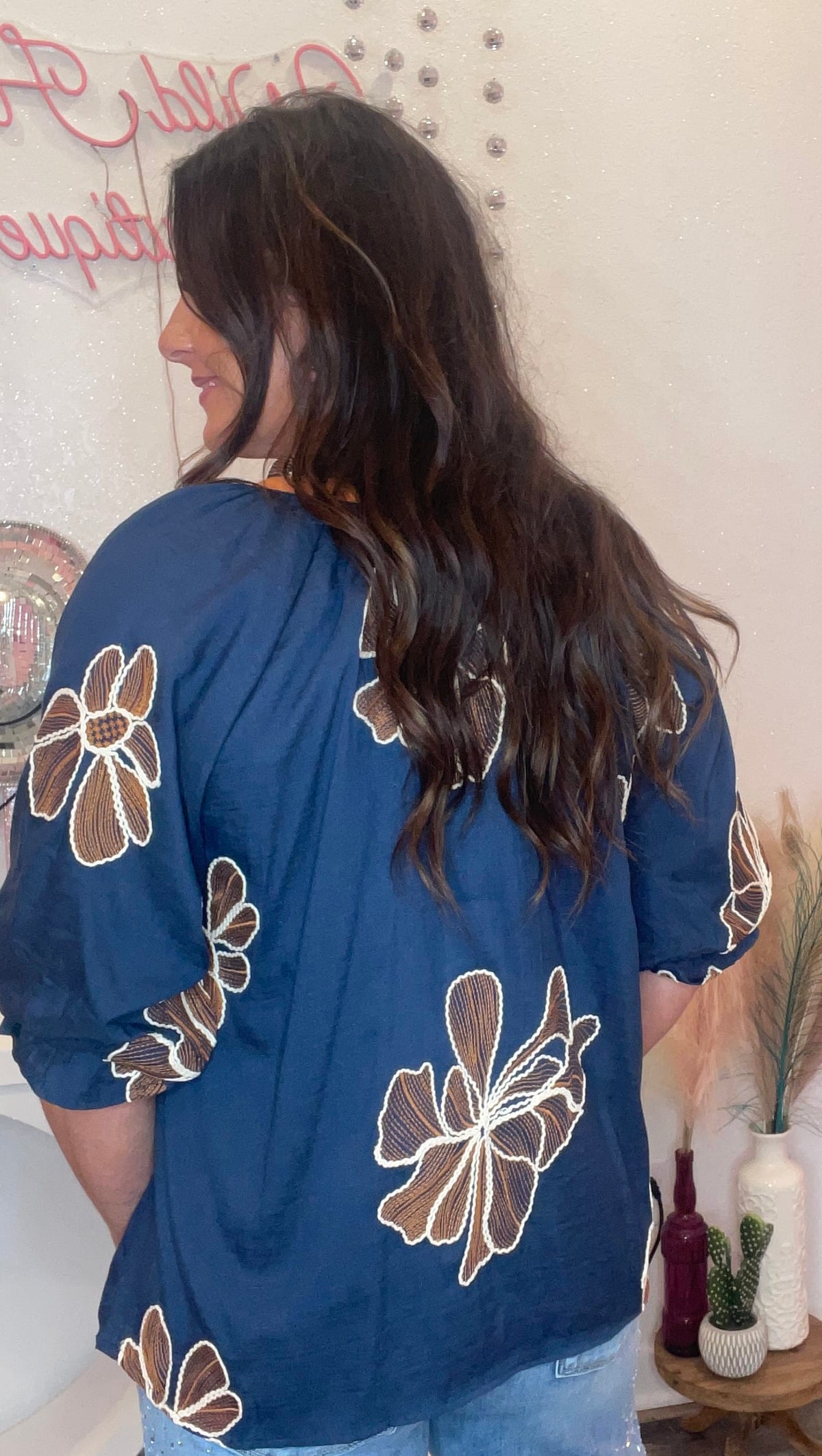 Wild Horse Boutique Navy Blouse with Rust Flowers