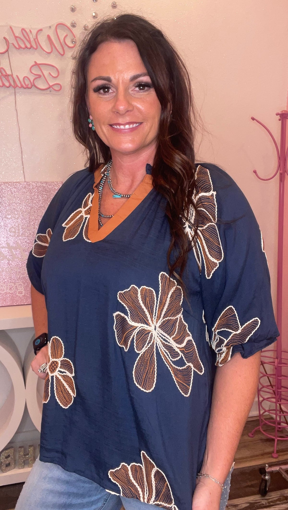 Wild Horse Boutique Navy Blouse with Rust Flowers
