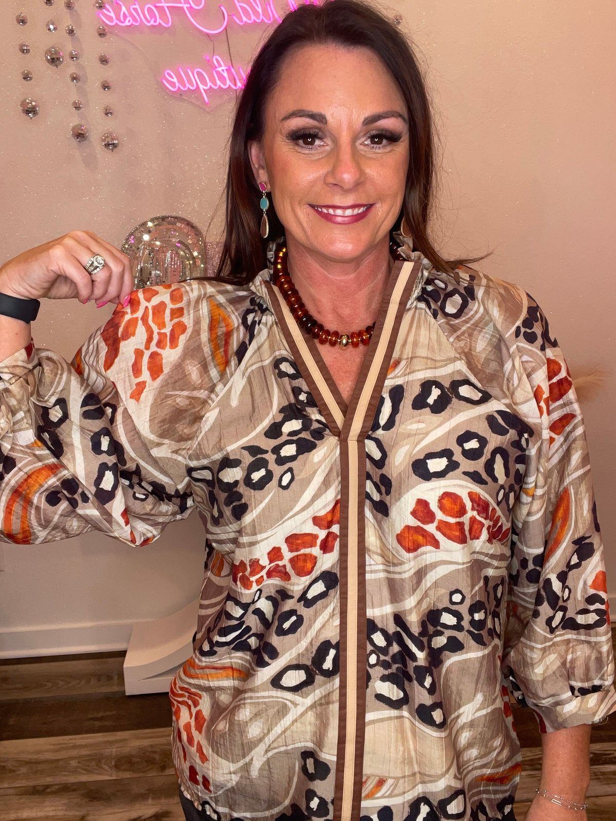 Wild Horse Boutique Neutral Blouse with Burnt Orange & Leopard