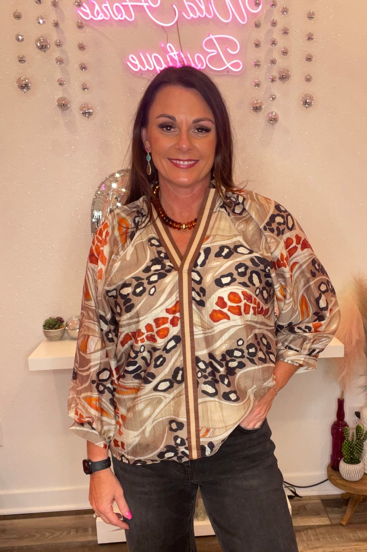 Wild Horse Boutique Neutral Blouse with Burnt Orange & Leopard