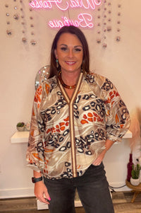 Wild Horse Boutique Neutral Blouse with Burnt Orange & Leopard