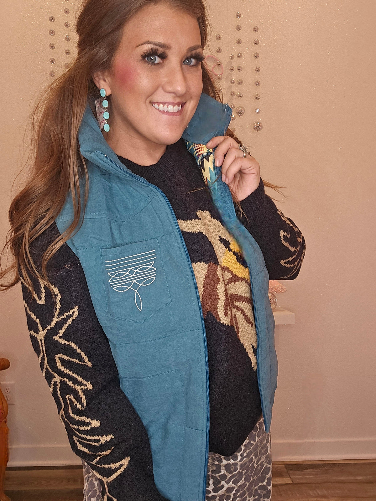 Wild Horse Boutique Puffer vest Turquoise Stitched Puffer Vest