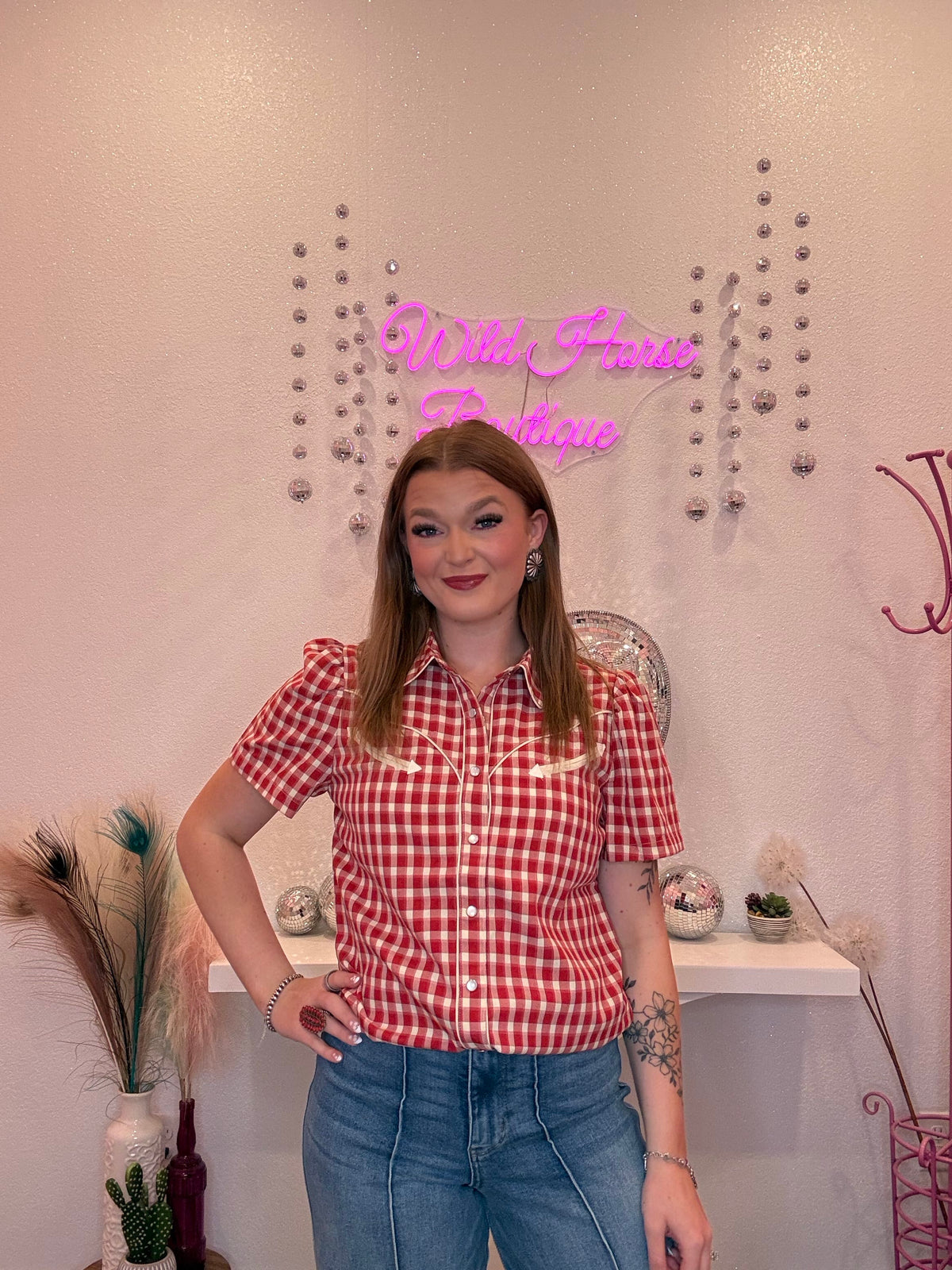 Wild Horse Boutique Red & White Checkered Button Snap Western Blouse