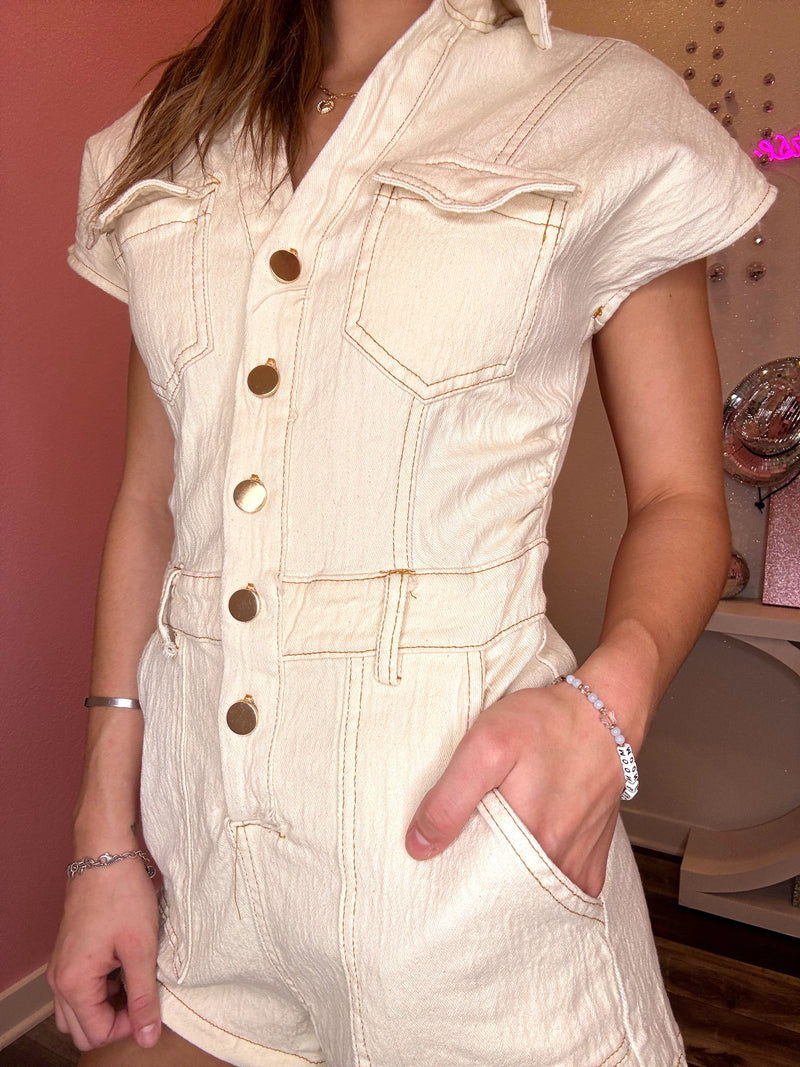 Wild Horse Boutique Romper Cream Denim Romper