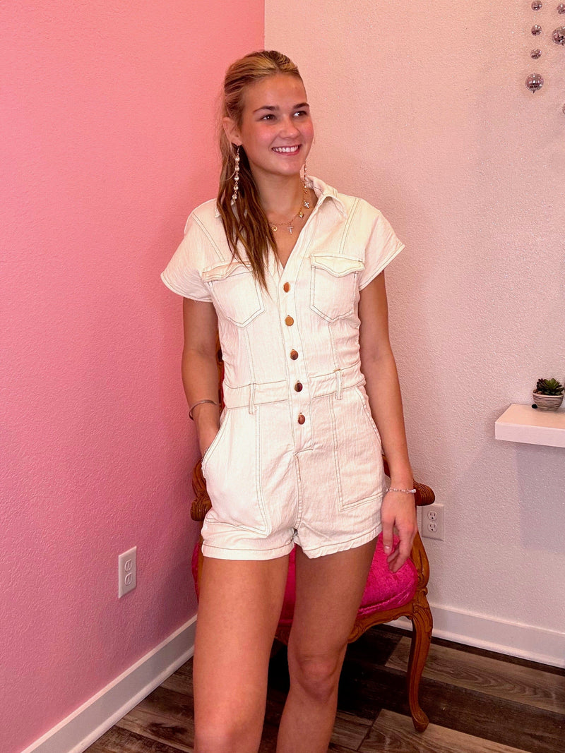 Wild Horse Boutique Romper Cream Denim Romper