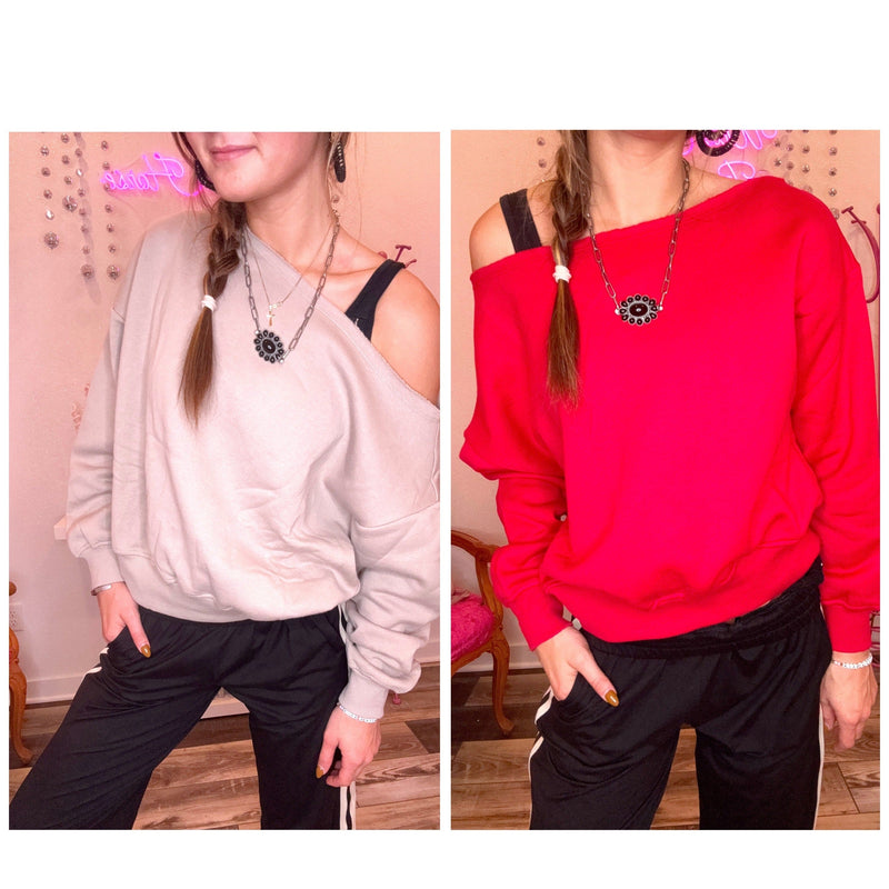Wild Horse Boutique Shirts & Tops Ashley Off-the-Shoulder Mid Crop Sweatshirt – Ultra Soft Fabric