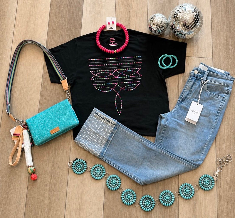 Wild Horse Boutique Shirts & Tops Black Boot-stitch Neon Rhinestone Tee