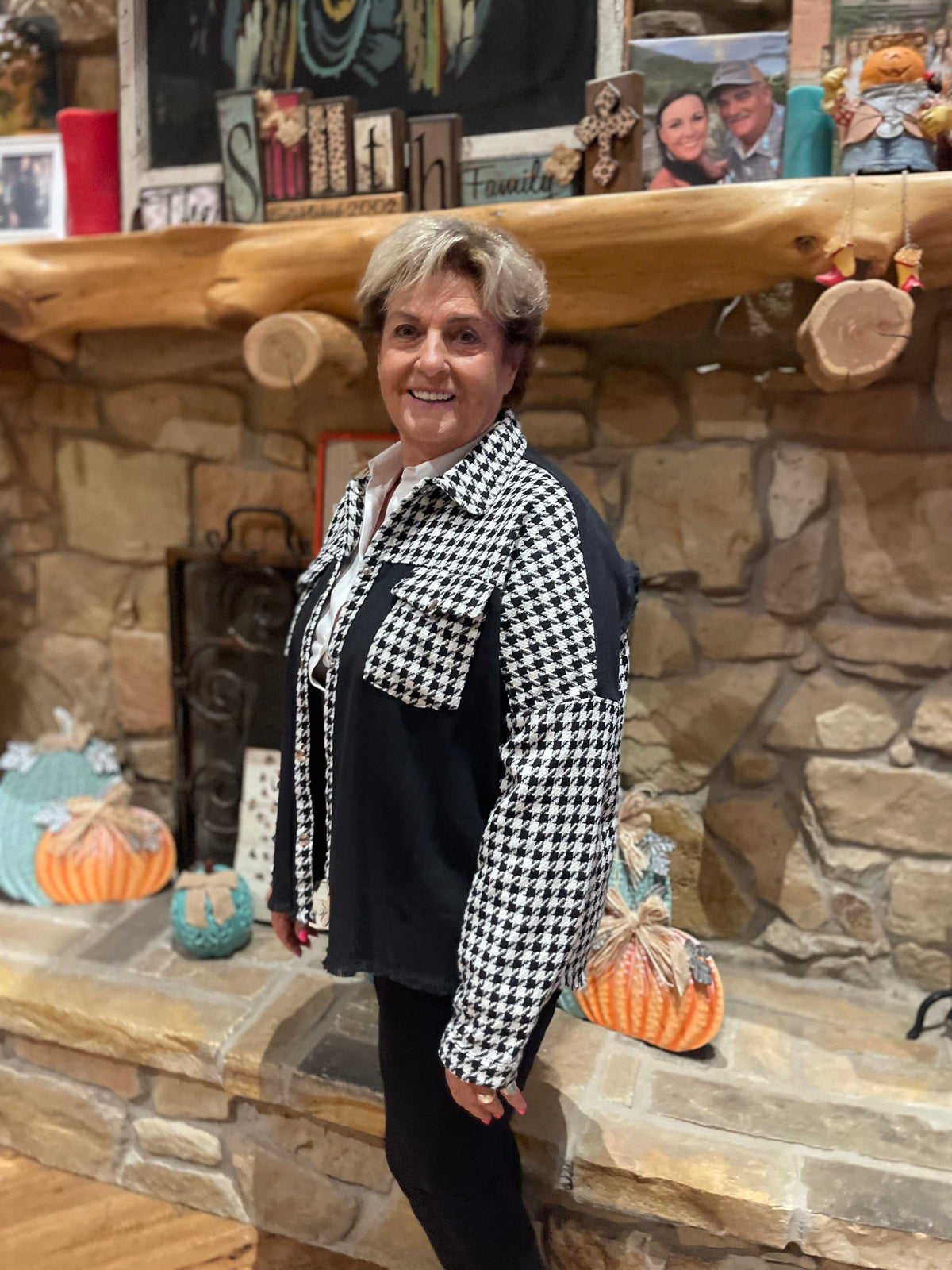 Wild Horse Boutique Shirts & Tops Grace Gray Houndstooth Button Down Blouse – Black & White Detail