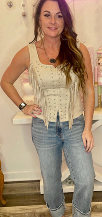 Wild Horse Boutique Shirts & Tops Taupe Fringe Studded Tank