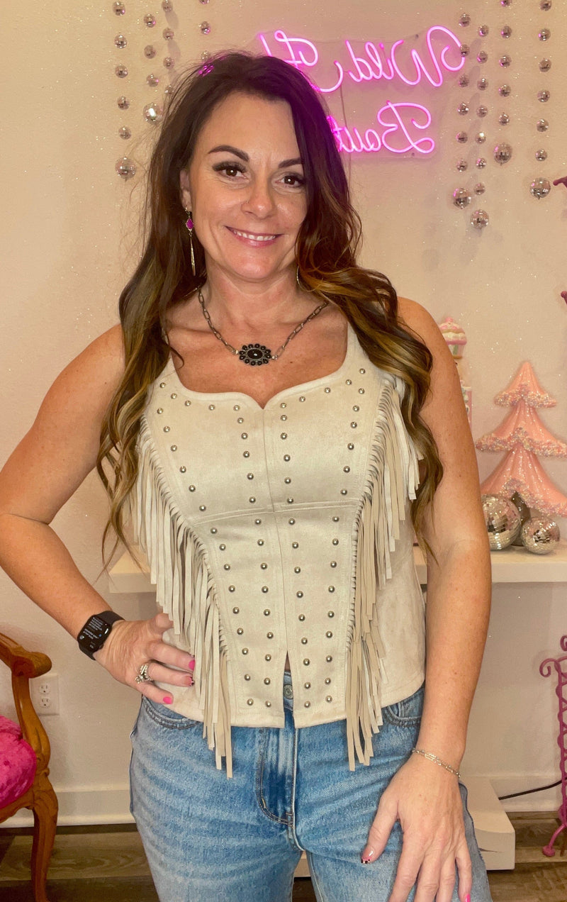 Wild Horse Boutique Shirts & Tops Taupe Fringe Studded Tank