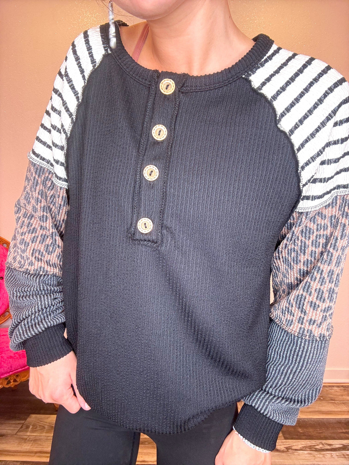 Wild Horse Boutique Shirts & Tops The Ribbed Leopard and Striped Longsleeve Top