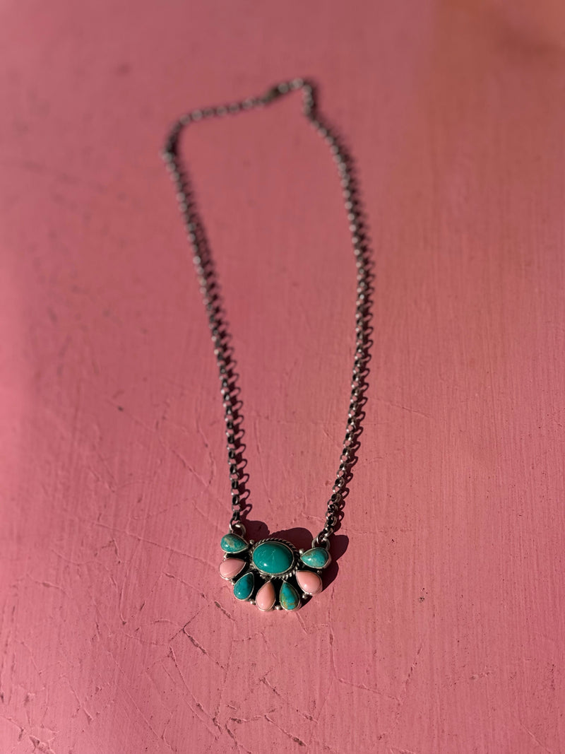 Wild Horse Boutique Sterling Pink and Turquoise Half Cluster Necklace
