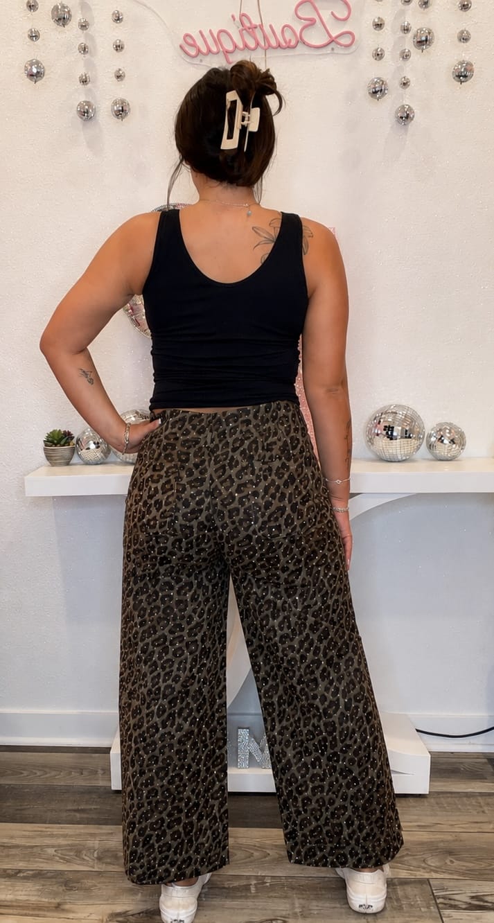 Wild Horse Boutique Straight Leg Leopard Jeans with Rhinestones