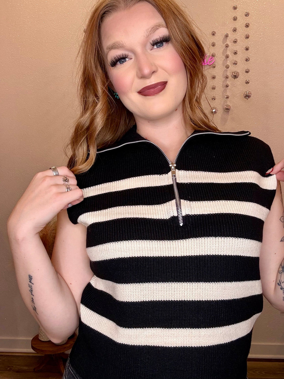 Wild Horse Boutique Striped Sleeveless Quarter Zip Sweater