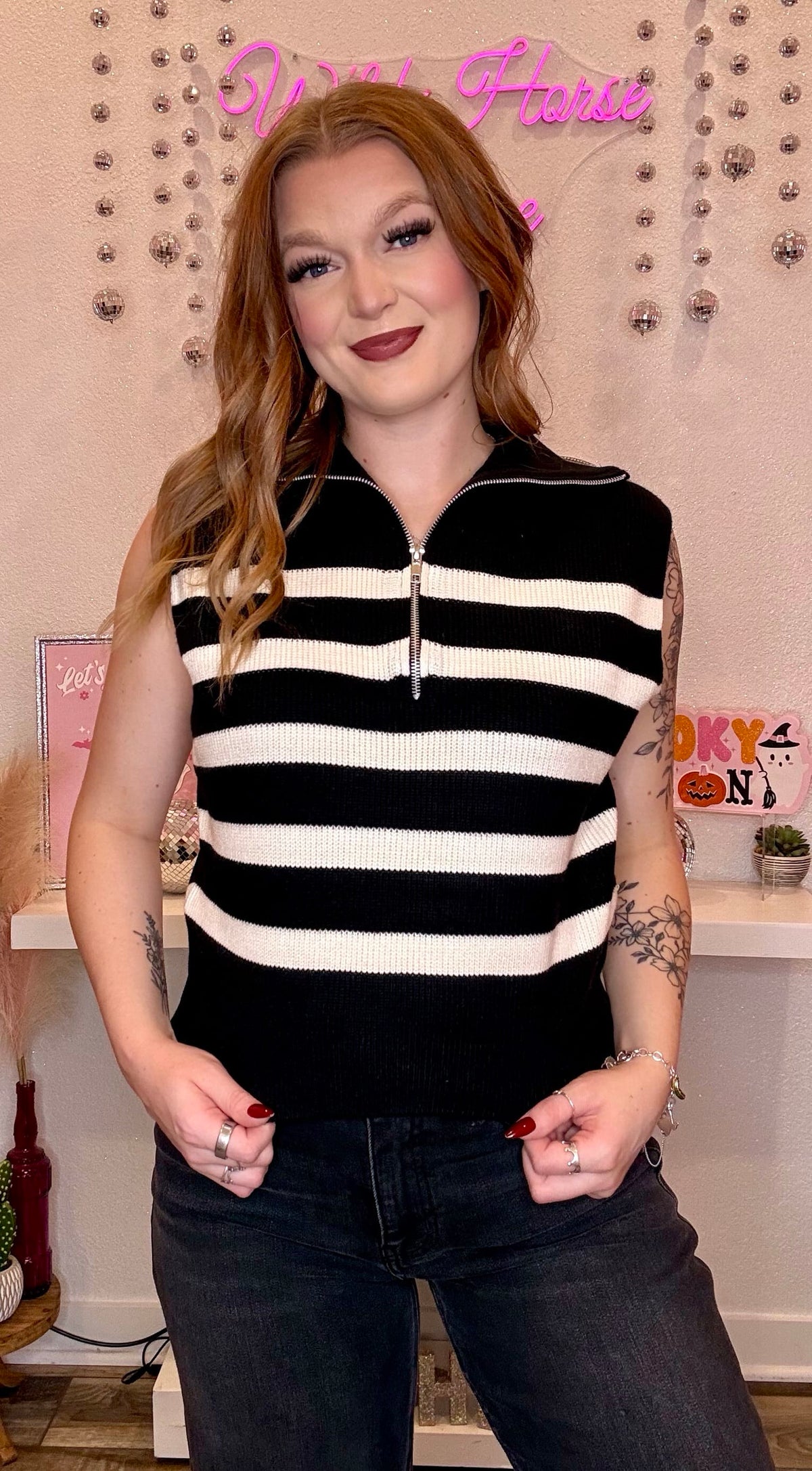 Wild Horse Boutique Striped Sleeveless Quarter Zip Sweater