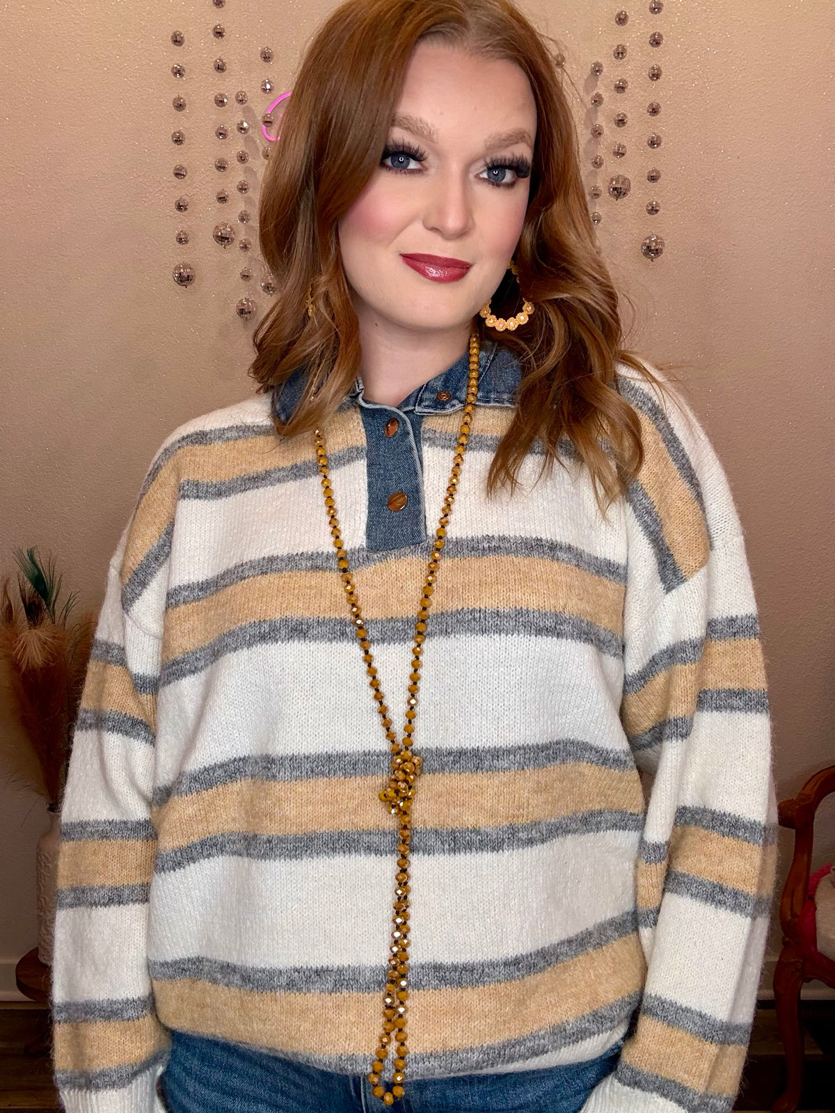 Wild Horse Boutique Striped Sweater with Denim Collar