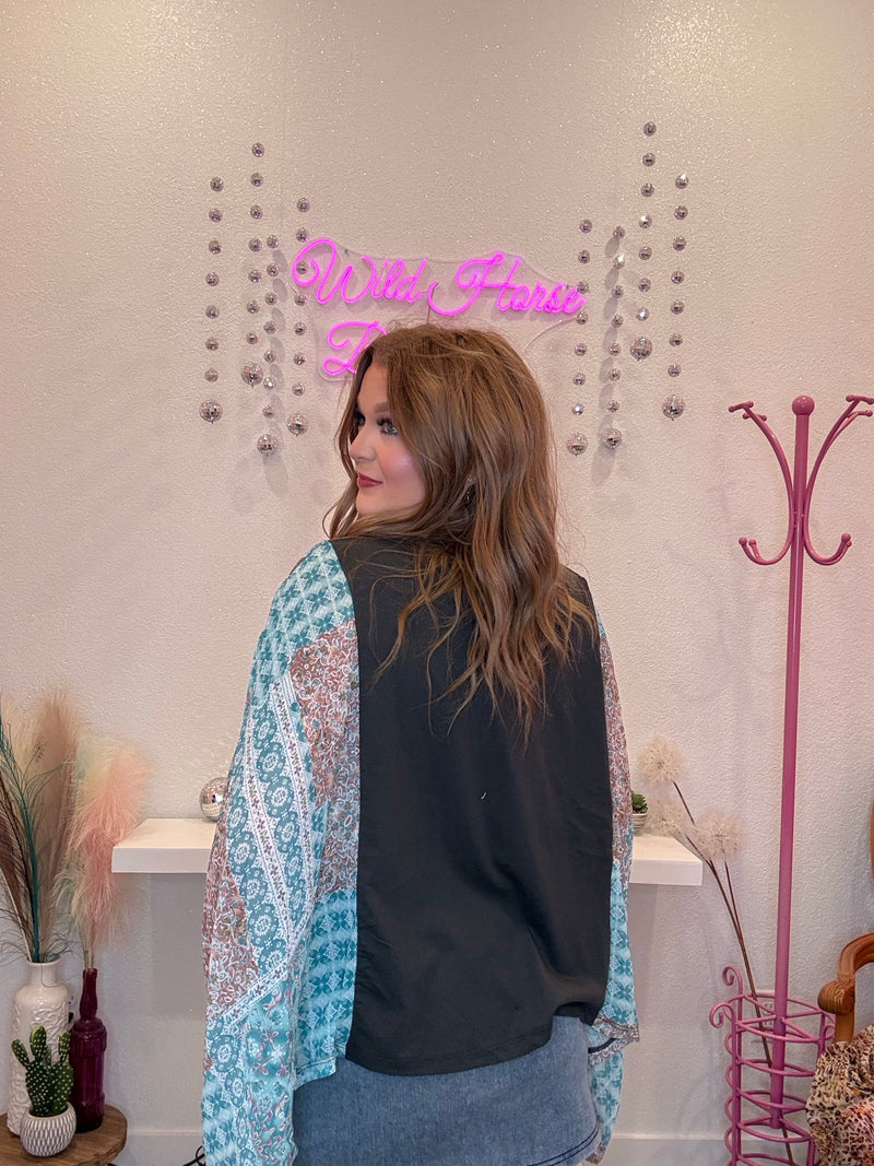 Wild Horse Boutique Tee Shirts Freebird Tee with Blue Sheer Sleeves