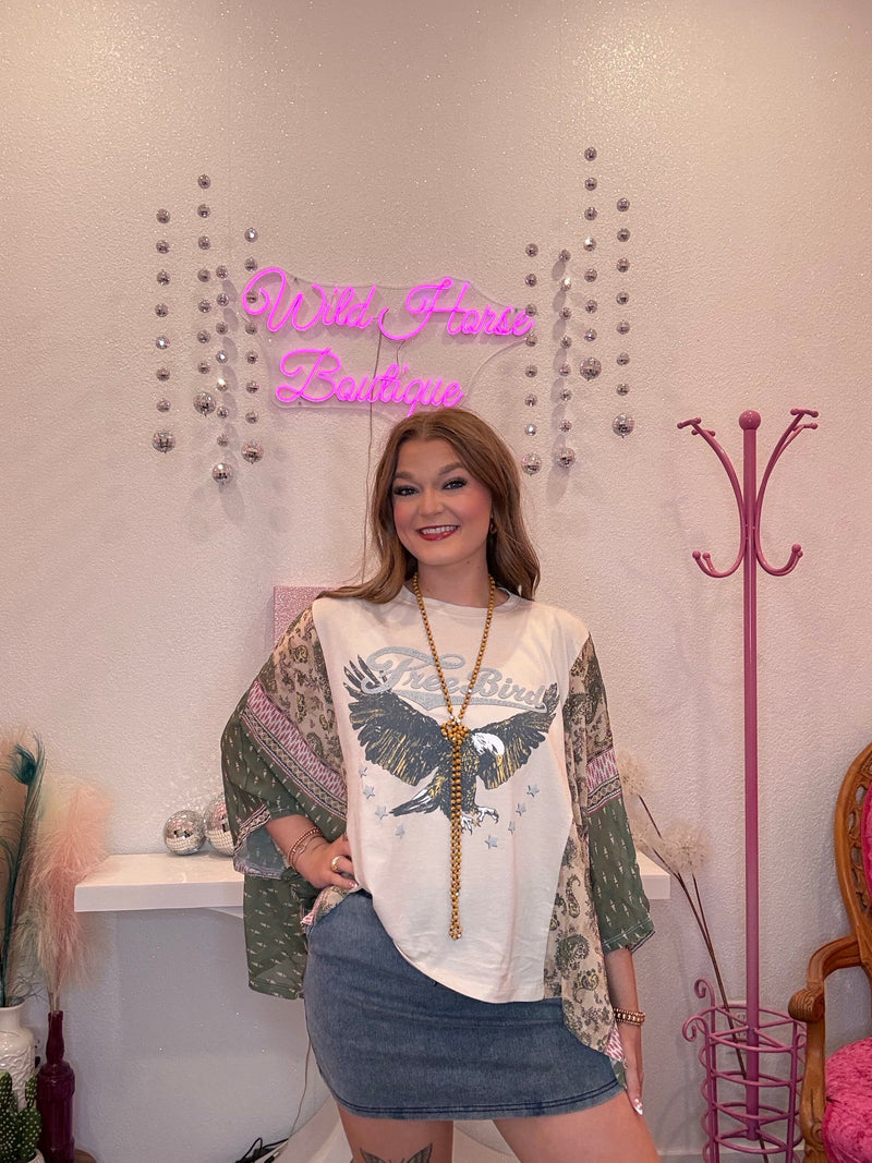 Wild Horse Boutique Tee Shirts Freebird Tee with Sheer Green Sleeves