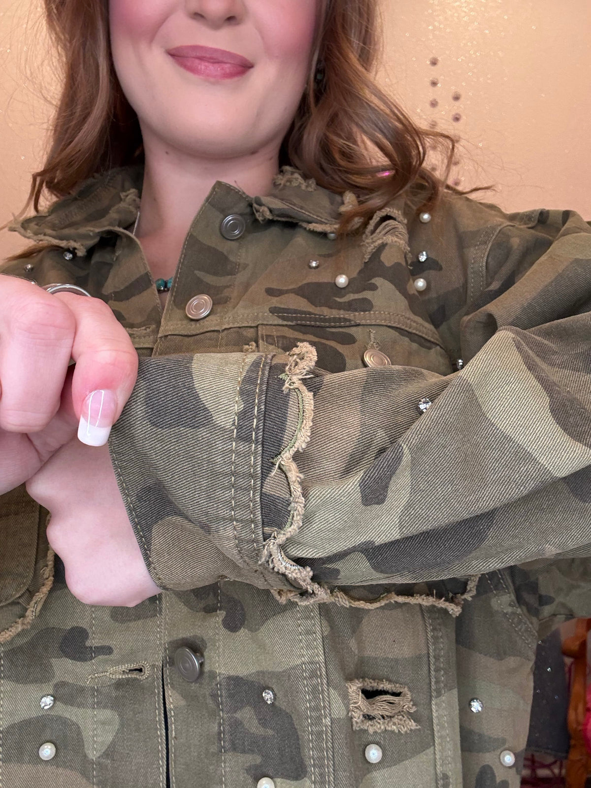 Wild Horse Boutique The Cropped Camo Jacket with Rhinestones & Pearls
