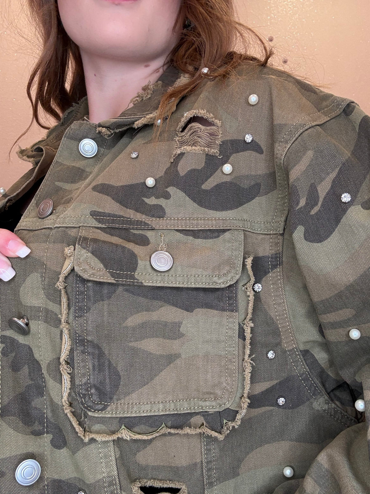 Wild Horse Boutique The Cropped Camo Jacket with Rhinestones & Pearls