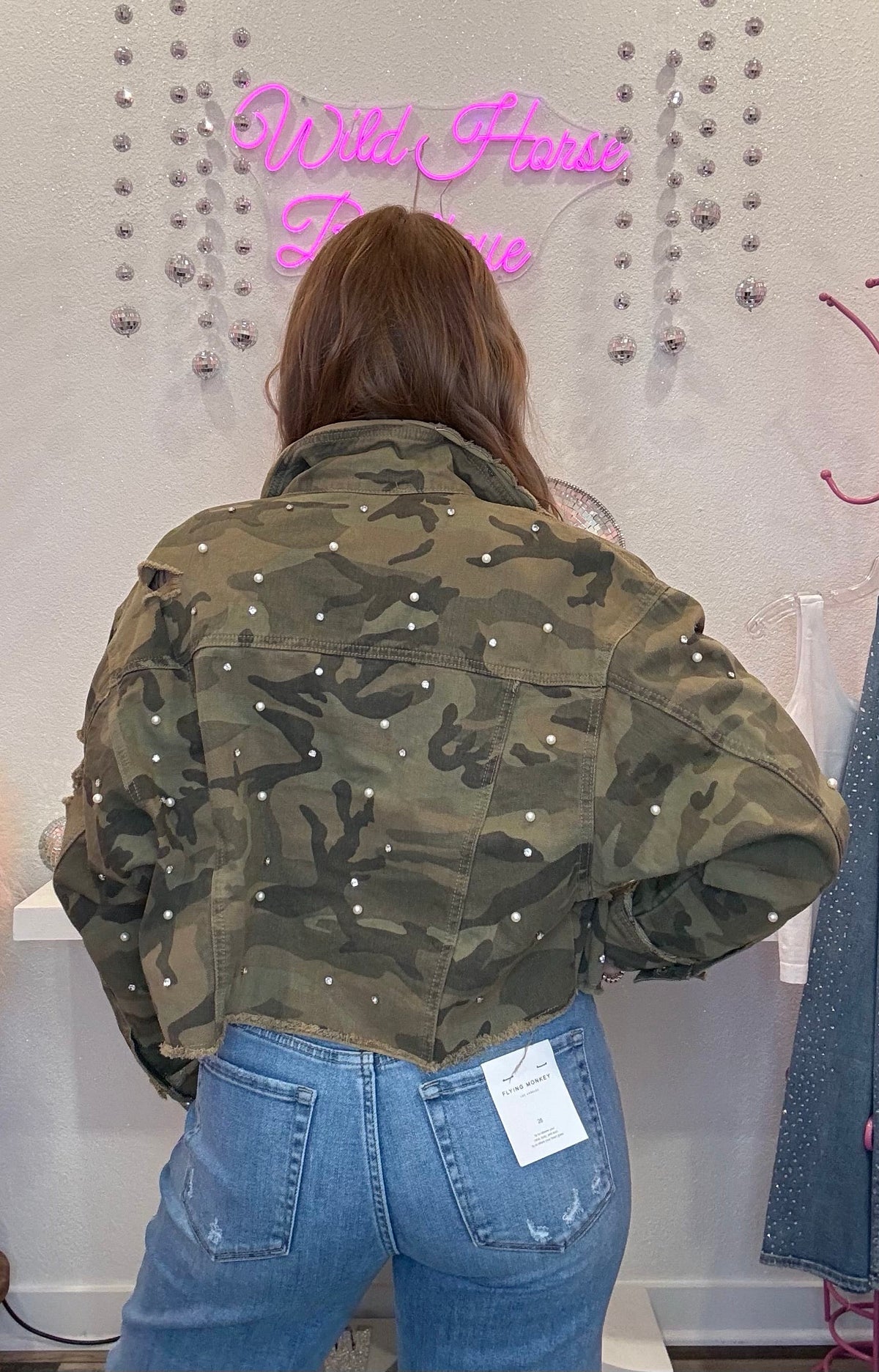 Wild Horse Boutique The Cropped Camo Jacket with Rhinestones & Pearls