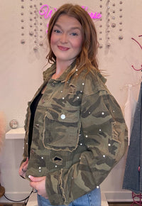 Wild Horse Boutique The Cropped Camo Jacket with Rhinestones & Pearls