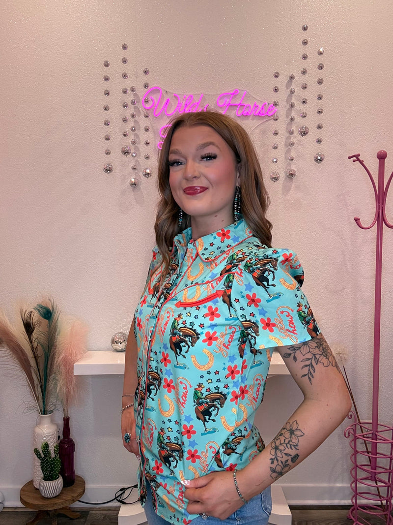 Wild Horse Boutique Turquoise Horseshoe & Cowboy Pearl snap Button Down Blouse