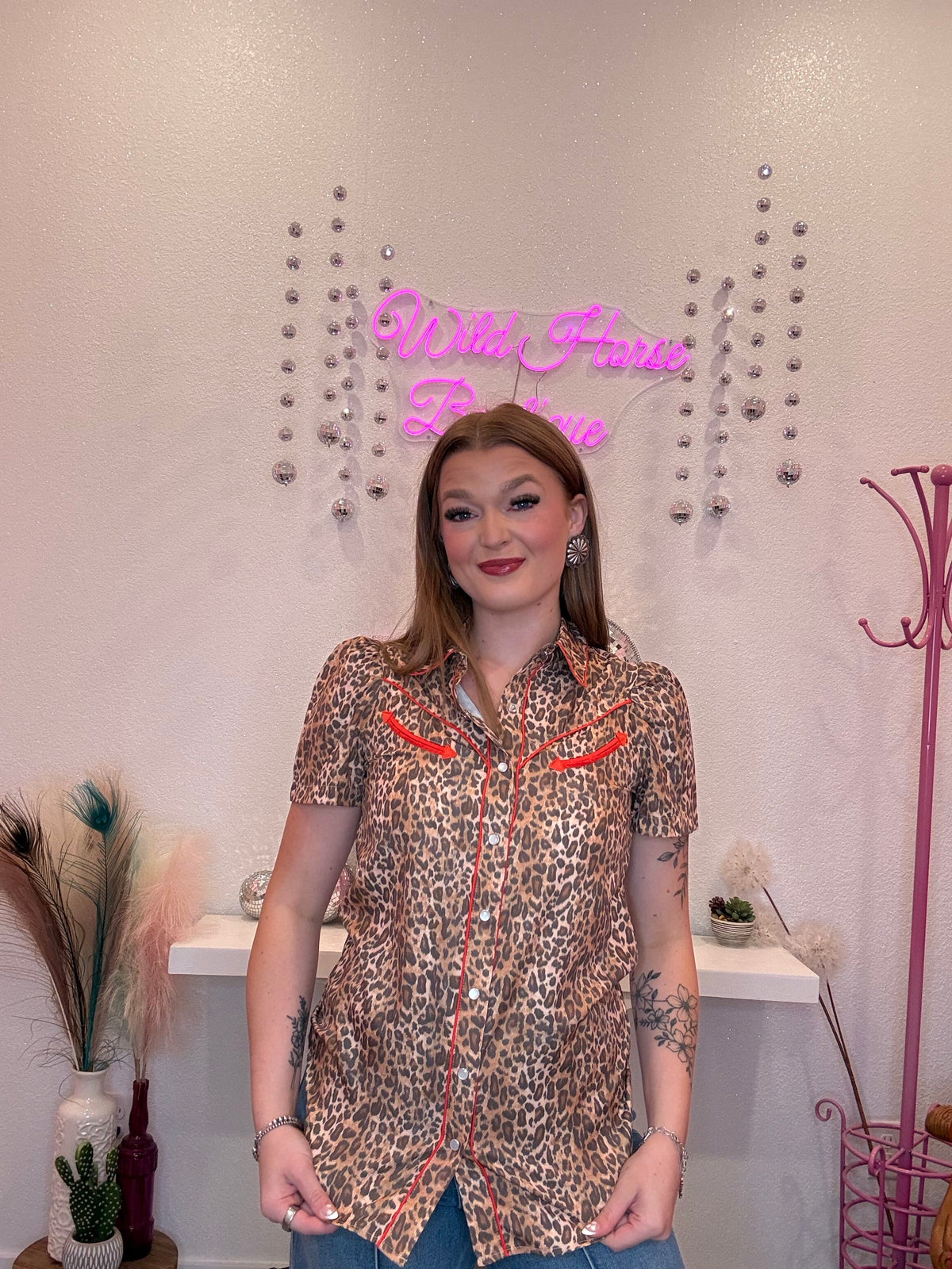 Wild Horse Boutique Western leopard Pearl snap button down blouse